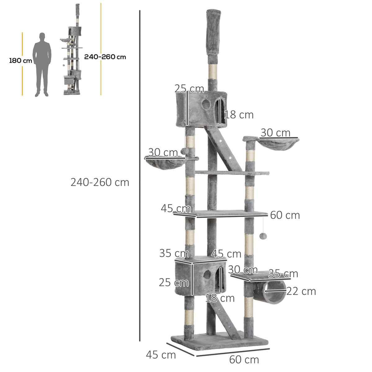 Diagram showing the dimensions of the floor to ceiling cat tree