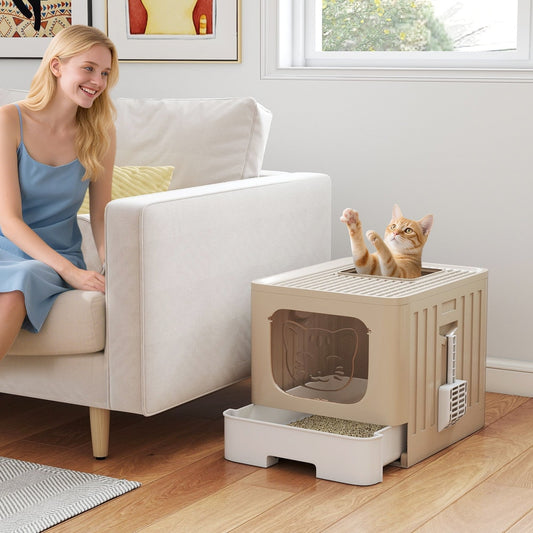A woman sitting on a sofa watches a ginger cat jump into the khaki and white foldable cat litter box