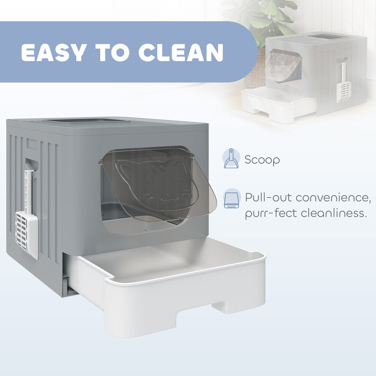 Close up of the grey and white enclosed litter box with the drawer pulled out showing the scoop and ease of cleaning