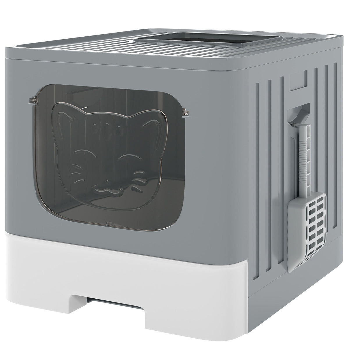 PawHut Foldable Cat Litter Box with Lid showing the grey and white enclosed litter box with a scoop attached