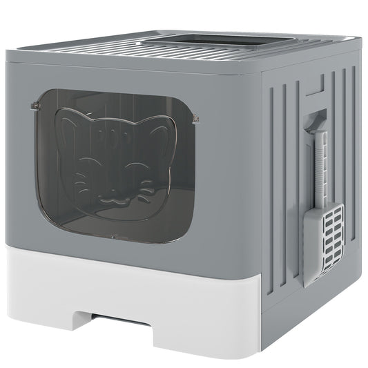 PawHut Foldable Cat Litter Box with Lid showing the grey and white enclosed litter box with a scoop attached