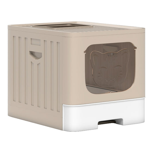 PawHut Foldable Cat Litter Box with Lid, a khaki and white enclosed cat toilet with a lid and a cut-out cat face on the side