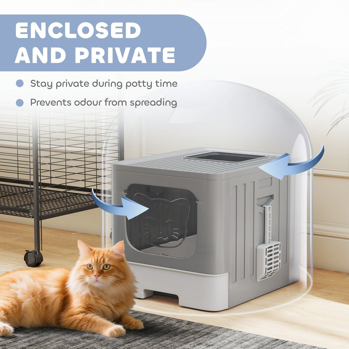 The grey and white enclosed litter box with a cat sitting in front, showing how it prevents odour from spreading