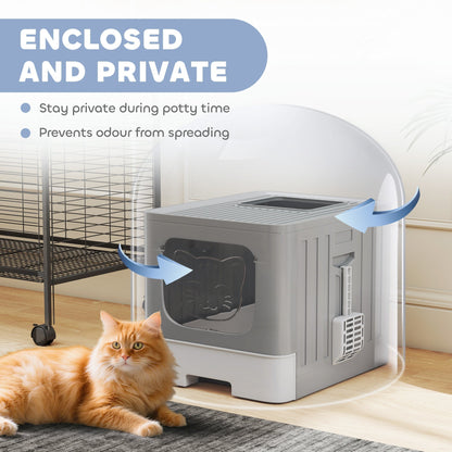 The grey and white enclosed litter box with a cat sitting in front, showing how it prevents odour from spreading