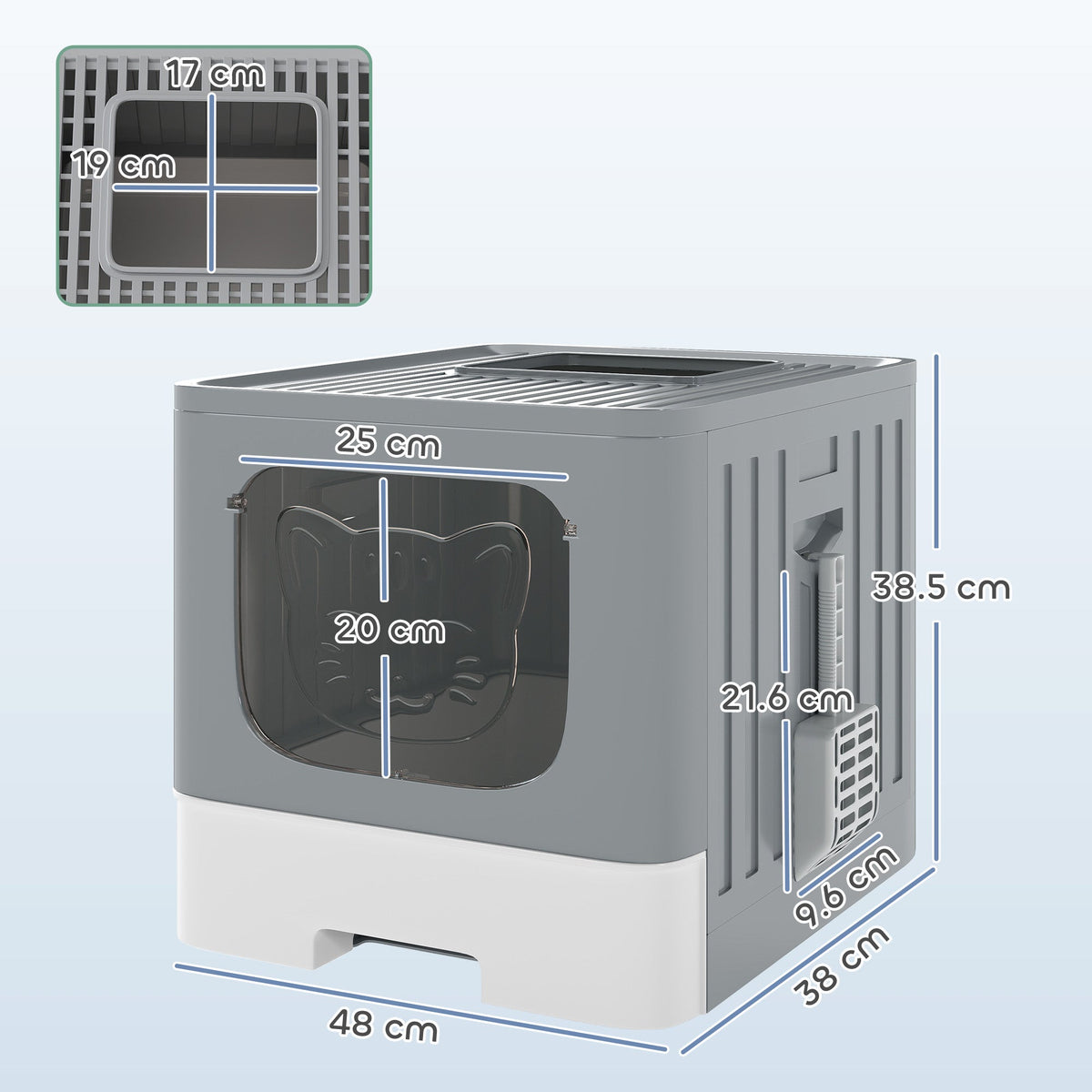 Dimensions of the grey and white enclosed litter box with a drawer pulled out, showing height, width and depth