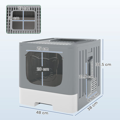 Dimensions of the grey and white enclosed litter box with a drawer pulled out, showing height, width and depth