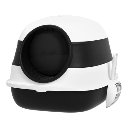 PawHut Foldable Cat Litter Tray with Lid, a black and white enclosed litter box with a scoop attached