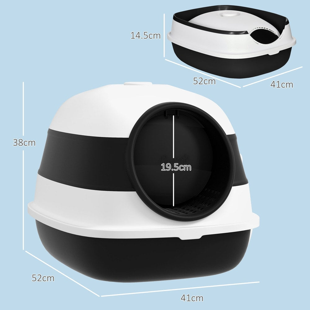 Dimensions of the black and white litter box shown with measurements in cm