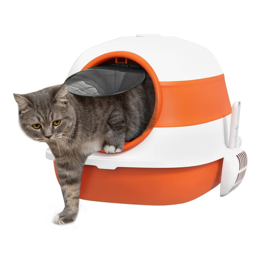 PawHut Foldable Cat Litter Tray with Lid in orange and white with a grey cat stepping out
