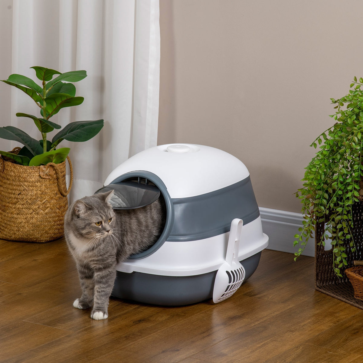 The white and grey foldable cat litter tray with lid is shown with a cat entering it