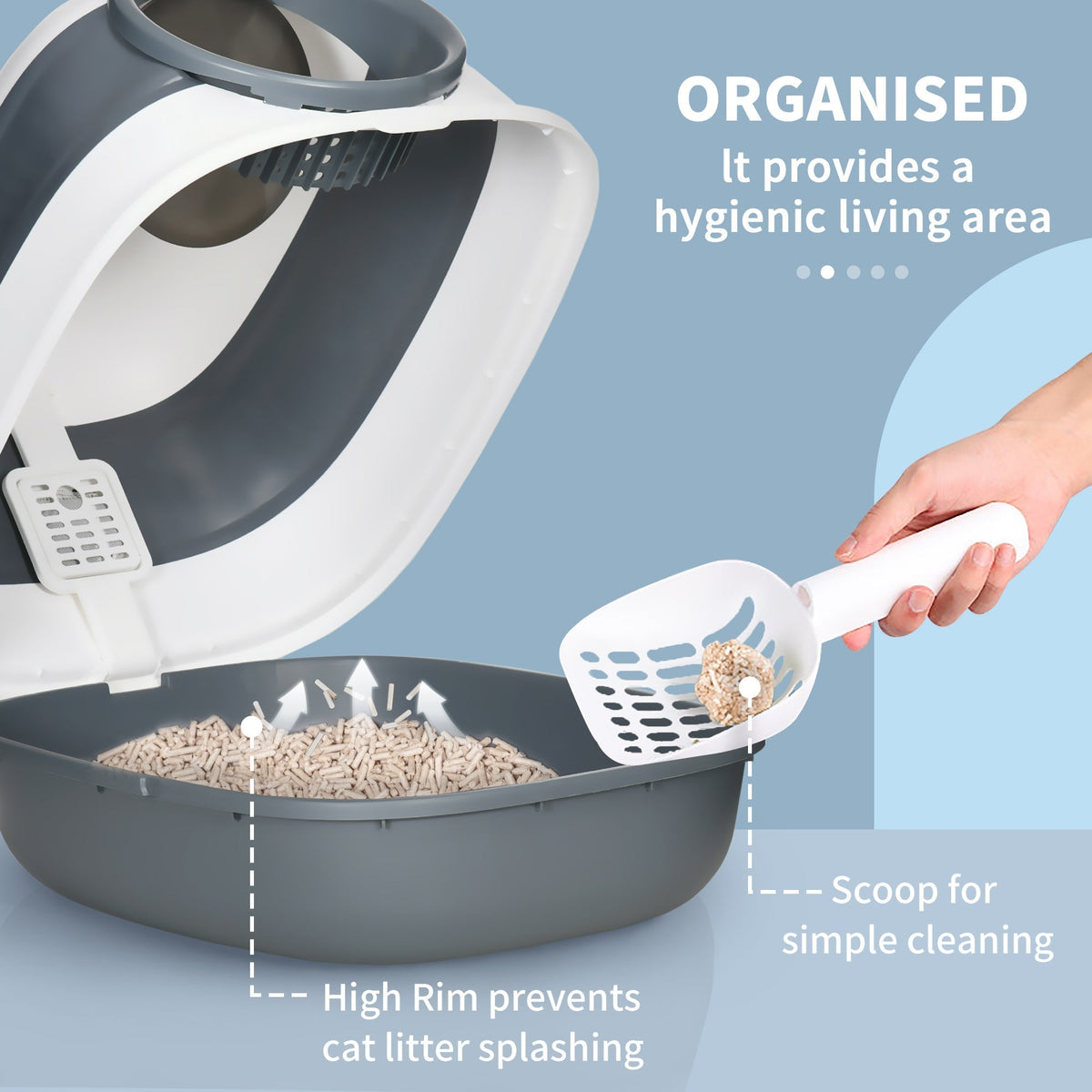 The enclosed cat toilet with the lid open, showing the scoop and cat litter