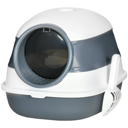 PawHut Foldable Cat Litter Tray with Lid, a white and grey enclosed cat toilet with a scoop