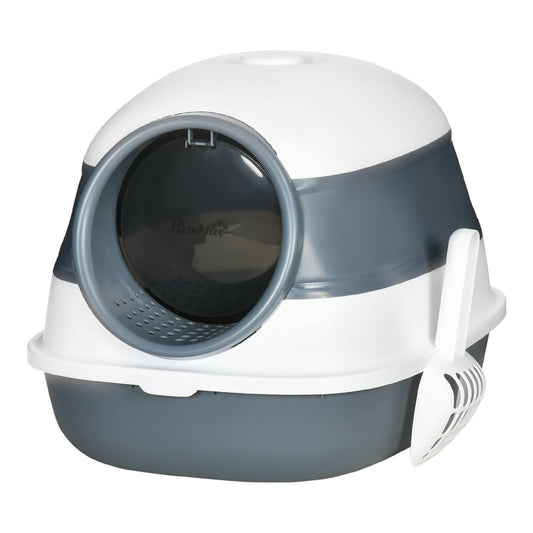 PawHut Foldable Cat Litter Tray with Lid, a white and grey enclosed cat toilet with a scoop