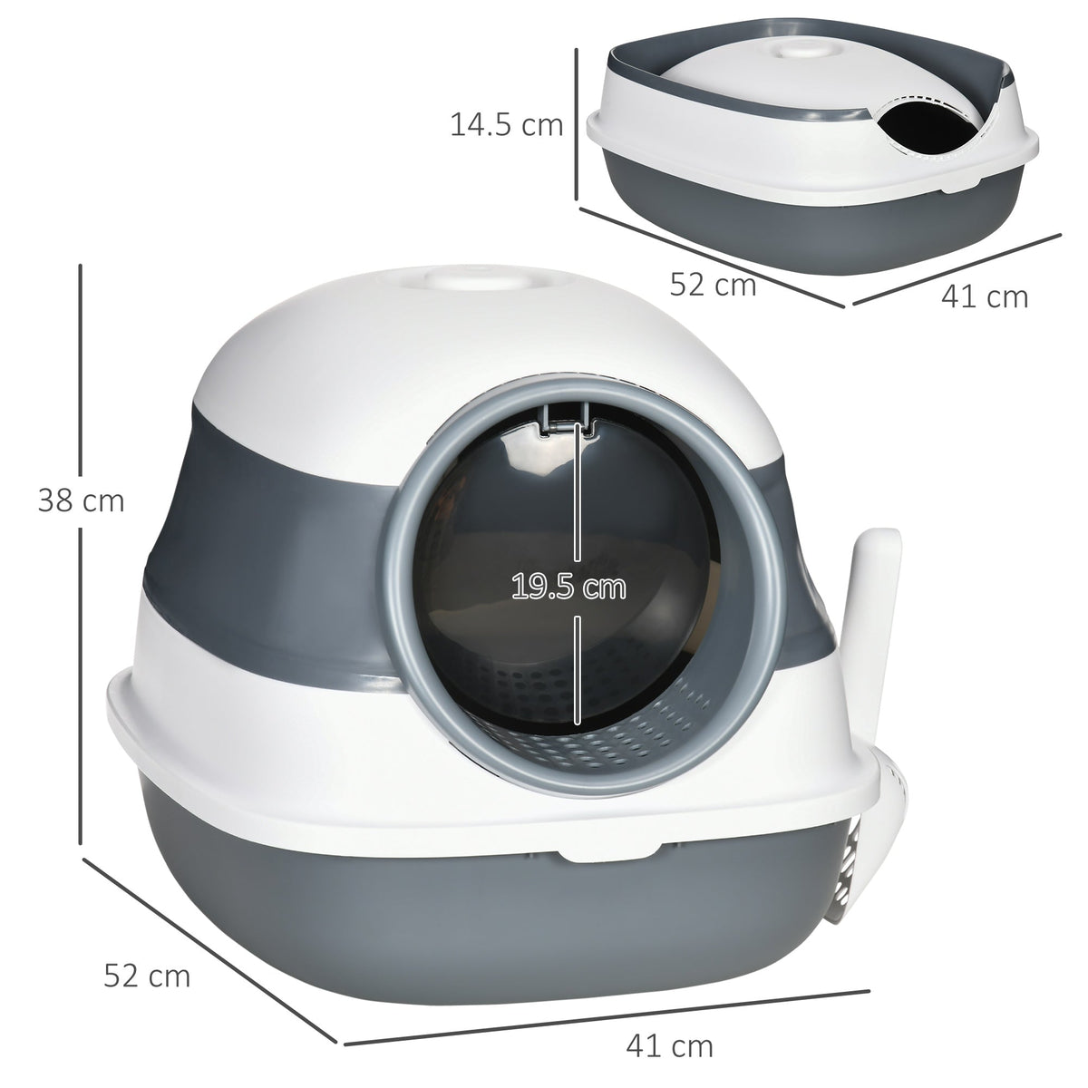 Foldable cat litter tray with lid, showing dimensions for height, width and depth