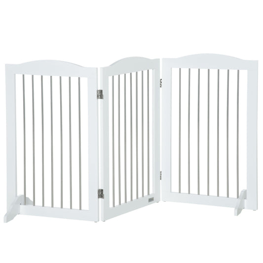 PawHut Foldable Dog Gate, a white three-panel freestanding pet gate with silver metal bars