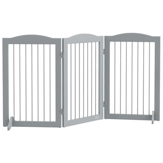 PawHut Foldable Dog Gate in grey with three hinged panels and two support feet