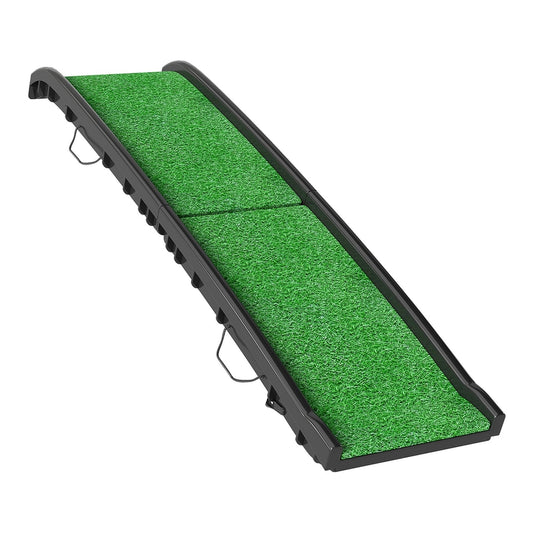 PawHut Foldable Dog Ramp with Artificial Anti-slip Surface, a green ramp with black frame, unfolded and standing on its own