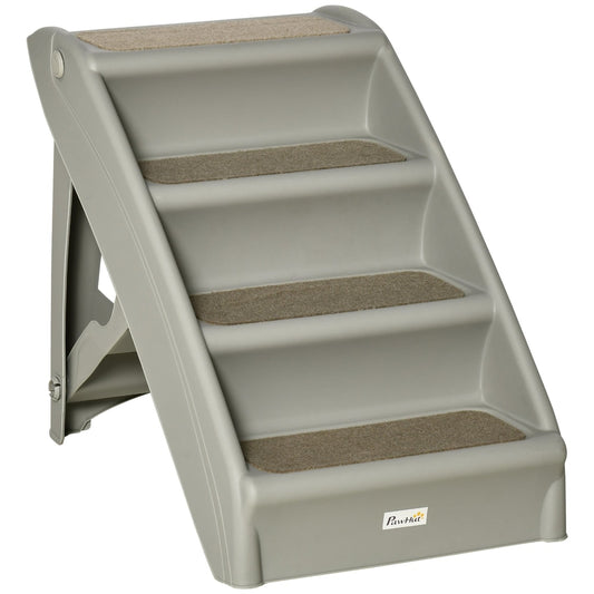 PawHut Foldable Four-Step Pet Stairs in grey plastic with carpeted steps