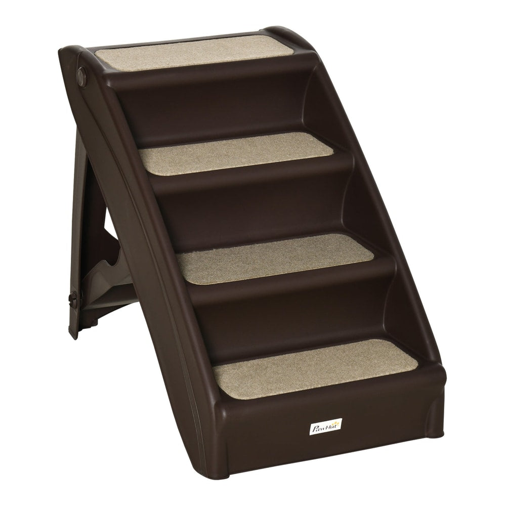 PawHut Foldable Four-Step Pet Stairs in brown with beige non-slip treads