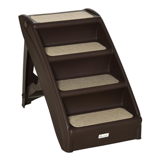 PawHut Foldable Four-Step Pet Stairs in brown with beige non-slip treads