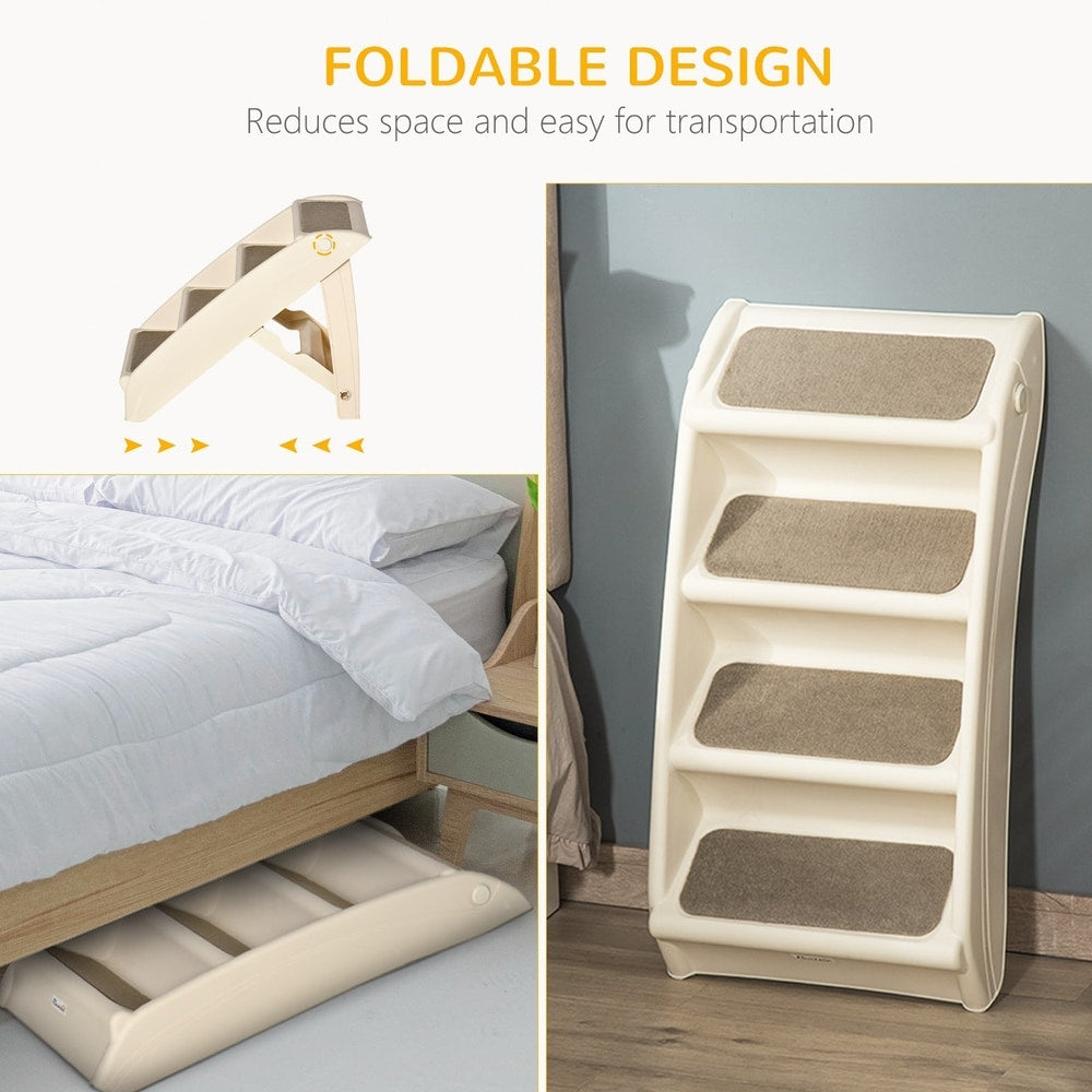 The pet steps shown folded under a bed and standing upright against a wall