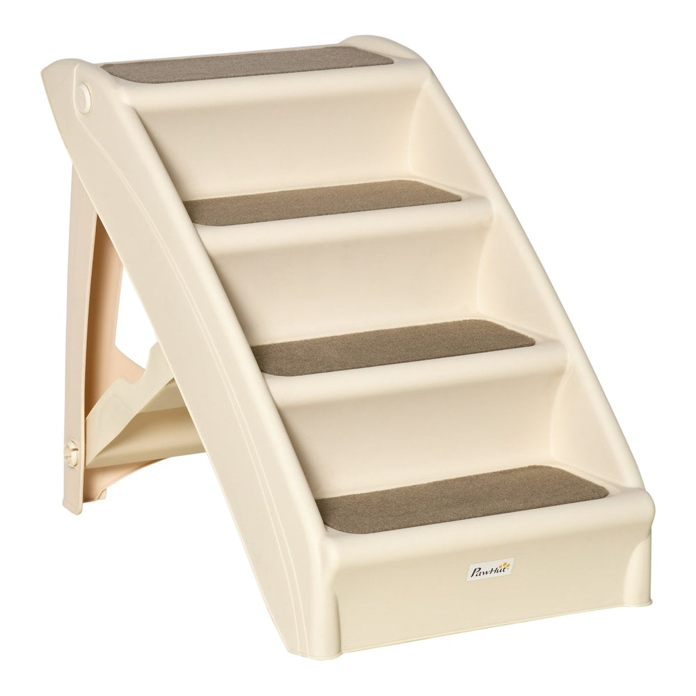 PawHut Foldable Four-Step Pet Stairs in beige with brown non-slip mats on each step