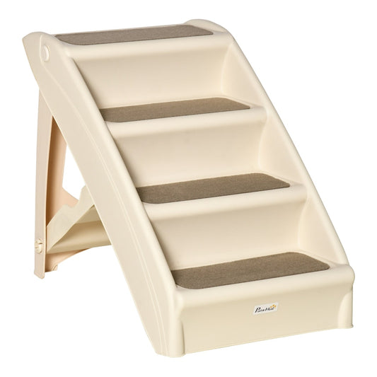 PawHut Foldable Four-Step Pet Stairs in beige with brown non-slip mats on each step