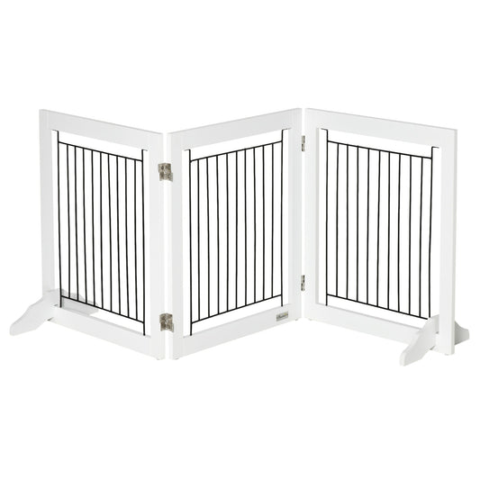 PawHut Foldable Pet Gate, a white three-panelled wooden gate with black metal bars, shown freestanding