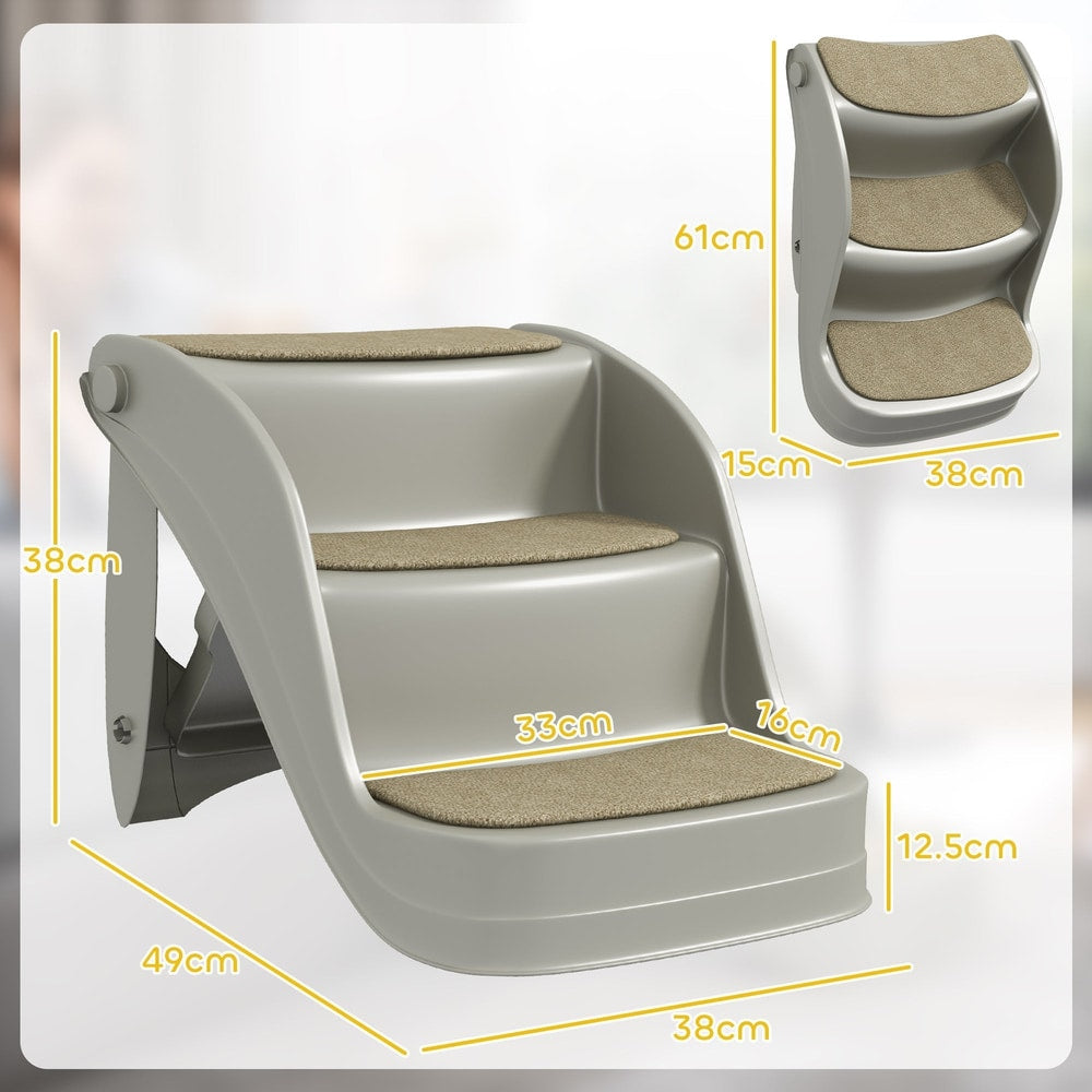 Grey three-step pet stairs with dimensions shown for height and width