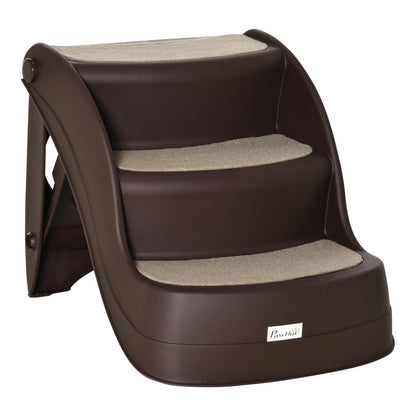 PawHut Foldable Pet Stairs, a brown three-step design with beige non-slip mats