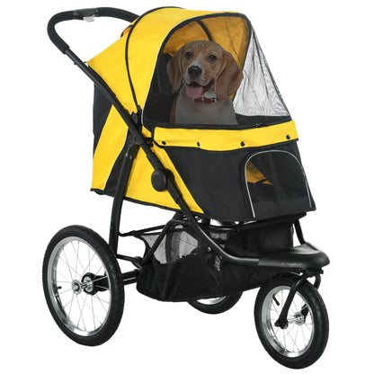 PawHut Foldable Pet Stroller Jogger, a yellow and black three-wheeled dog carrier with a dog inside