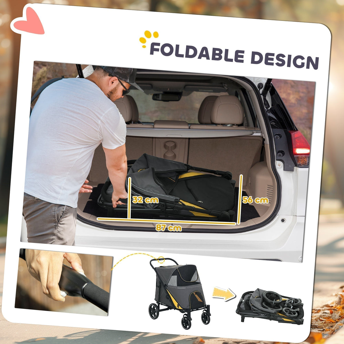 A man places a folded grey dog carrier stroller into a car boot, showing its compact size