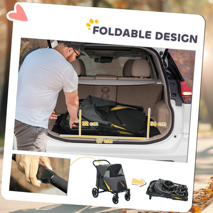 A man places a folded grey dog carrier stroller into a car boot, showing its compact size