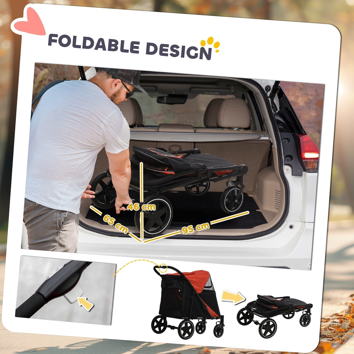 Man placing a folded red and black dog carrier stroller into a car boot