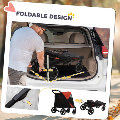 Man placing a folded red and black dog carrier stroller into a car boot
