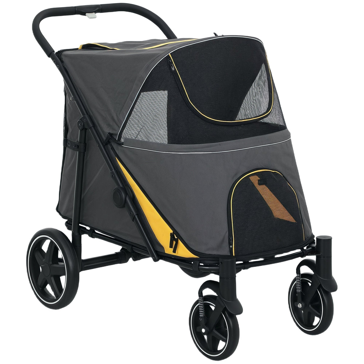 PawHut Foldable Pet Stroller in grey with yellow accents, featuring large rear wheels and smaller front wheels