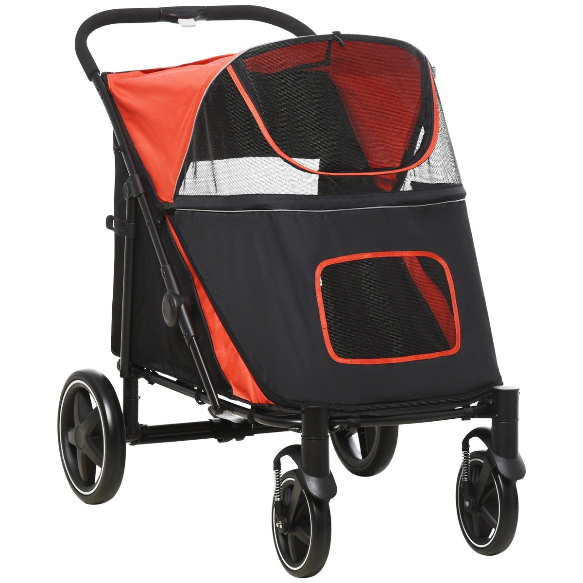 PawHut Foldable Pet Stroller in red and black with four wheels and a canopy