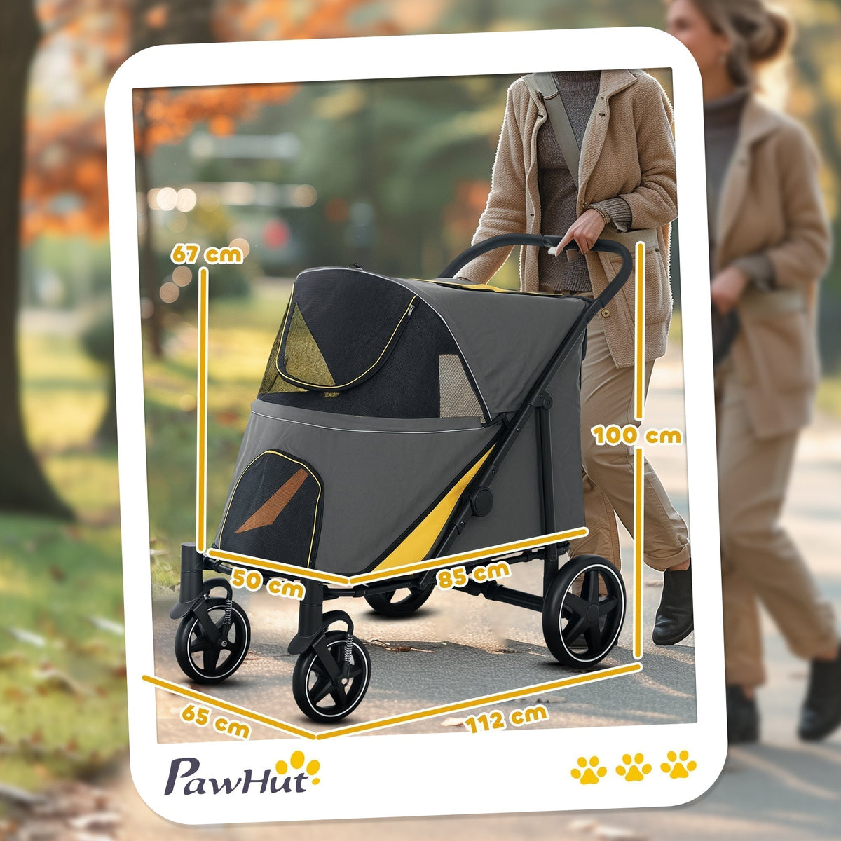 A grey dog carrier stroller with yellow trim, showing dimensions for height, width, and length