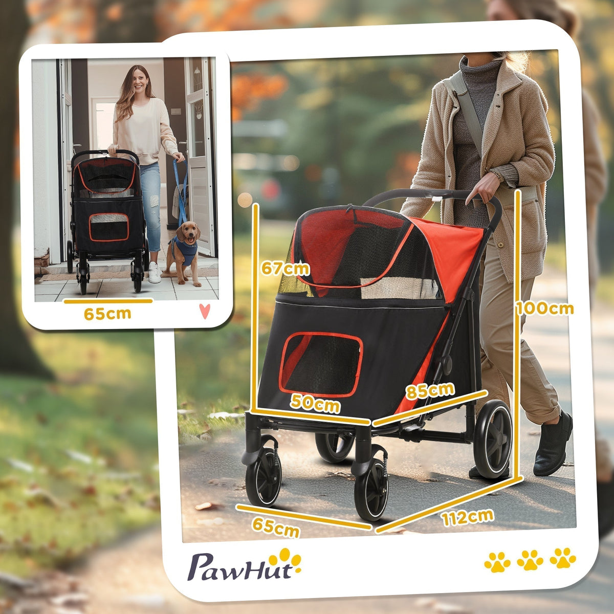 Red and black dog carrier stroller with dimensions shown for size comparison