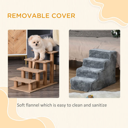 Close up of the removable plush cover and the four-step pet staircase in a bedroom setting