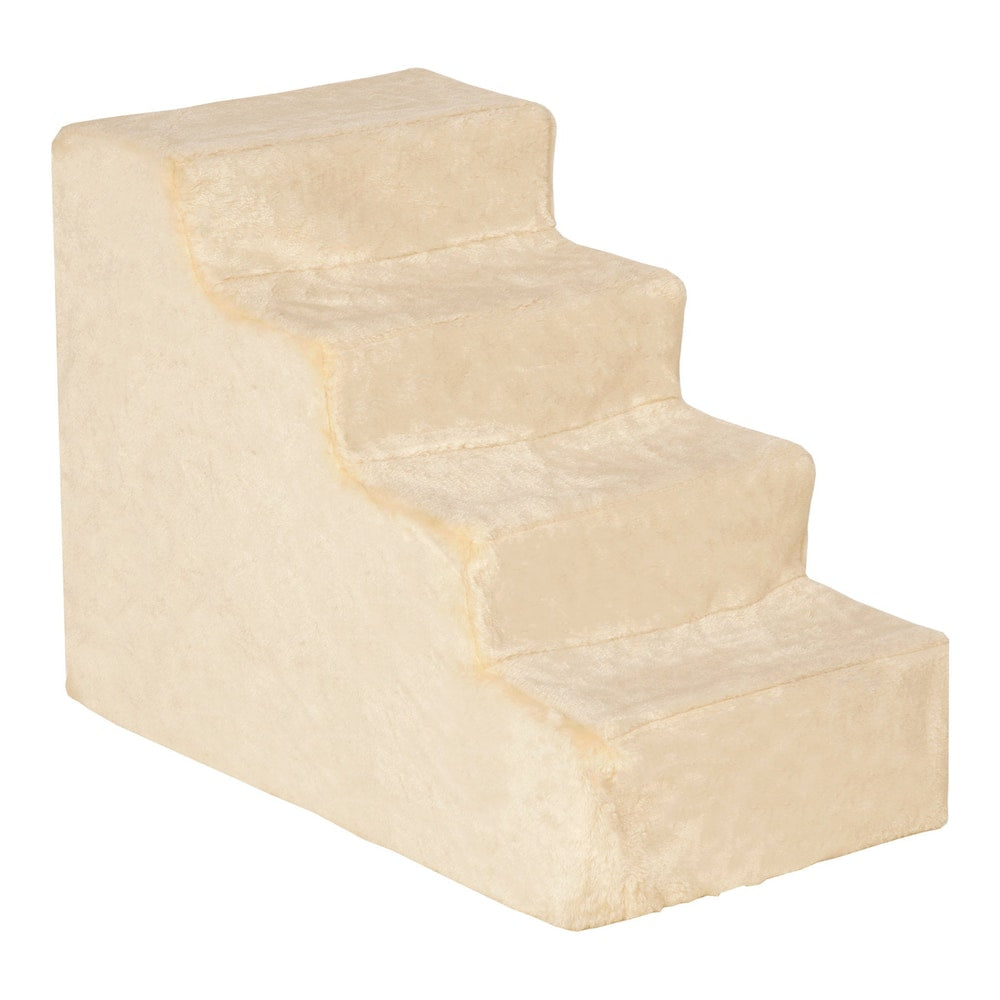PawHut Four-Step Dog Stairs, a beige, four-step pet staircase with plush cover