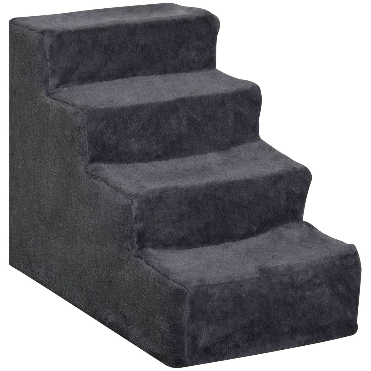 PawHut Four-Step Dog Stairs, a dark grey four-step pet ramp with plush cover