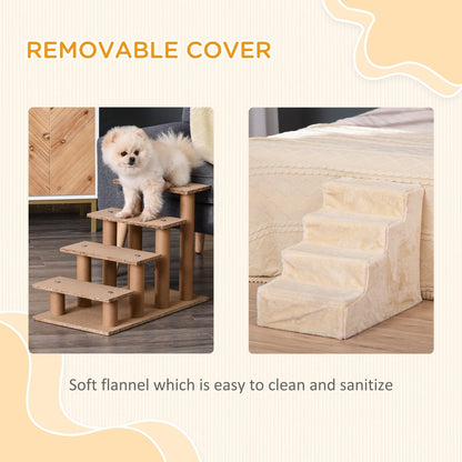 A beige pet staircase with a removable cover and a diagram showing its construction