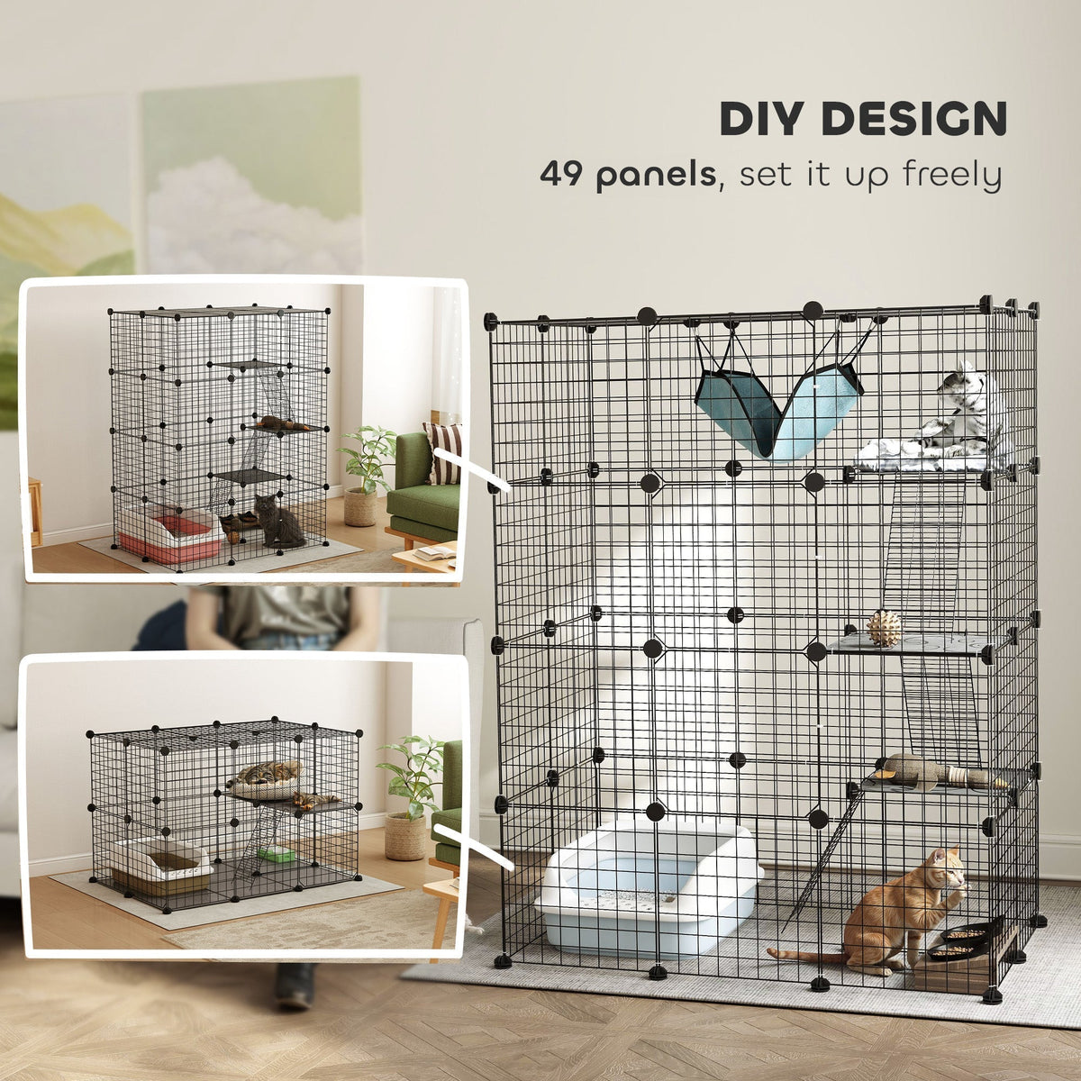 A black wire cat house shown in different configurations, with cats enjoying the space