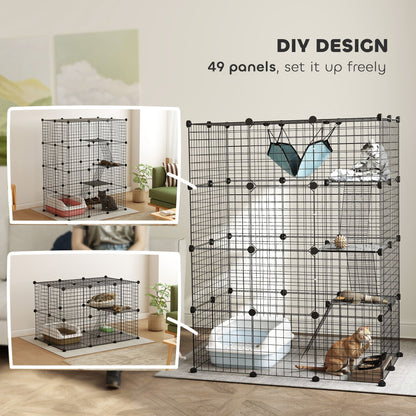 A black wire cat house shown in different configurations, with cats enjoying the space