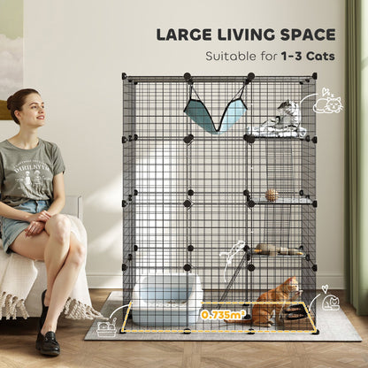 A woman sitting next to a spacious black wire cat cage, highlighting its large living space