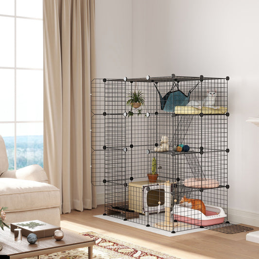 PawHut Four-Tier DIY Large Cat Cage with Hammock, a tall black wire enclosure with multiple levels, ramps, and doors