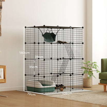 A large black wire cat enclosure with dimensions marked, showing its height and width