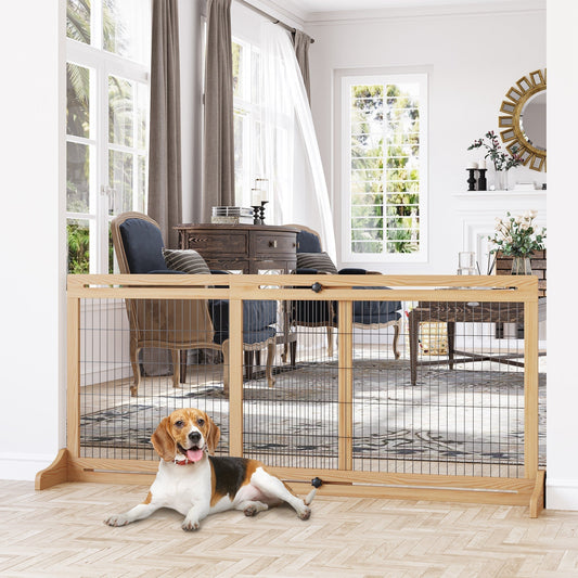 The wooden pet fence is set up in a hallway, with a beagle dog lying in front of it
