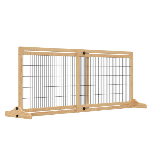PawHut Freestanding Dog Gate, a wooden barrier with black metal wire infill and support feet